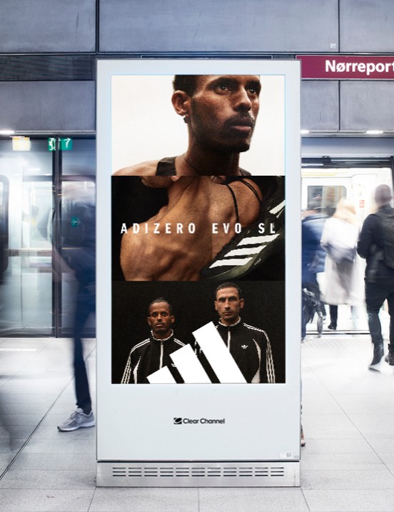Adizero EVO SL on a digital portrait panel at Nørreport station, Copenhagen
