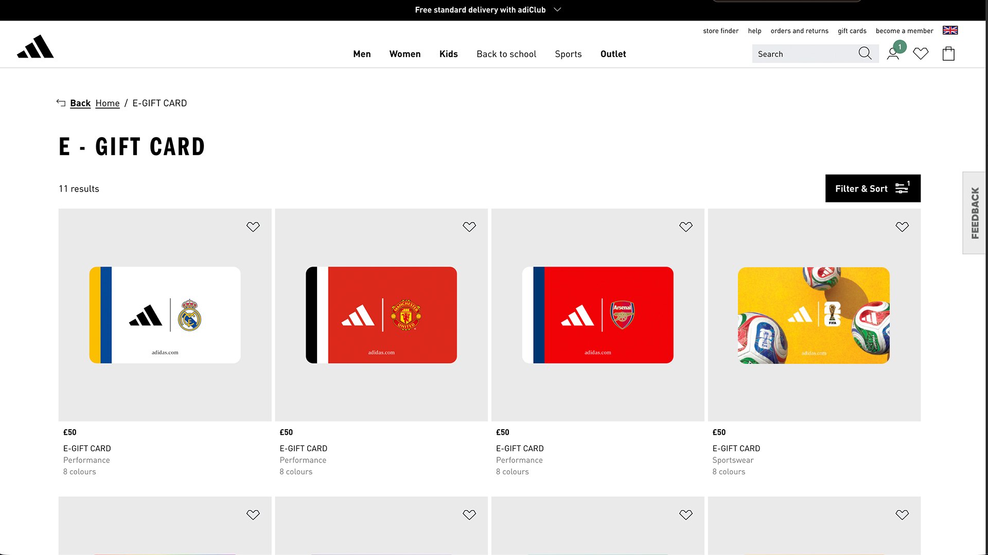 The gift card live on the adidas e-gift card page